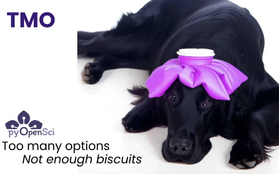 A cute image of a black flat coated retriever laying on the floor with a purple ice pack on it's head looking right at you.