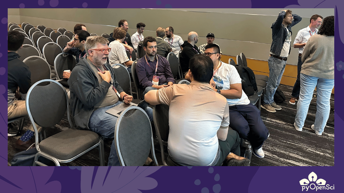A small breakout group at SciPy 2025 BoF, with participants gathered around a table talking and taking notes on packaging and documentation pain points.