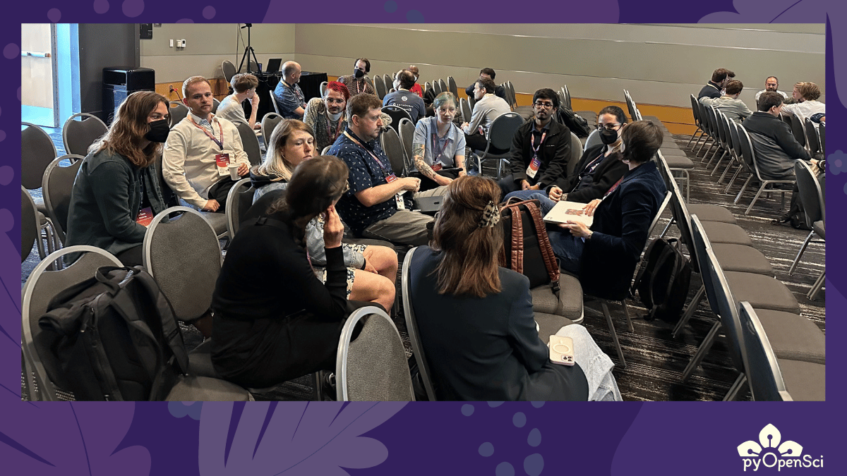 SciPy 2025 attendees sit in a discussion circle during the pyOpenSci BoF session, engaged in conversation about research software challenges.