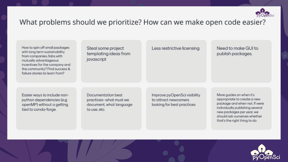 Mentimeter board filled with participant feedback on how institutions could better support sustainable research software, including ideas like checklists and incentives.