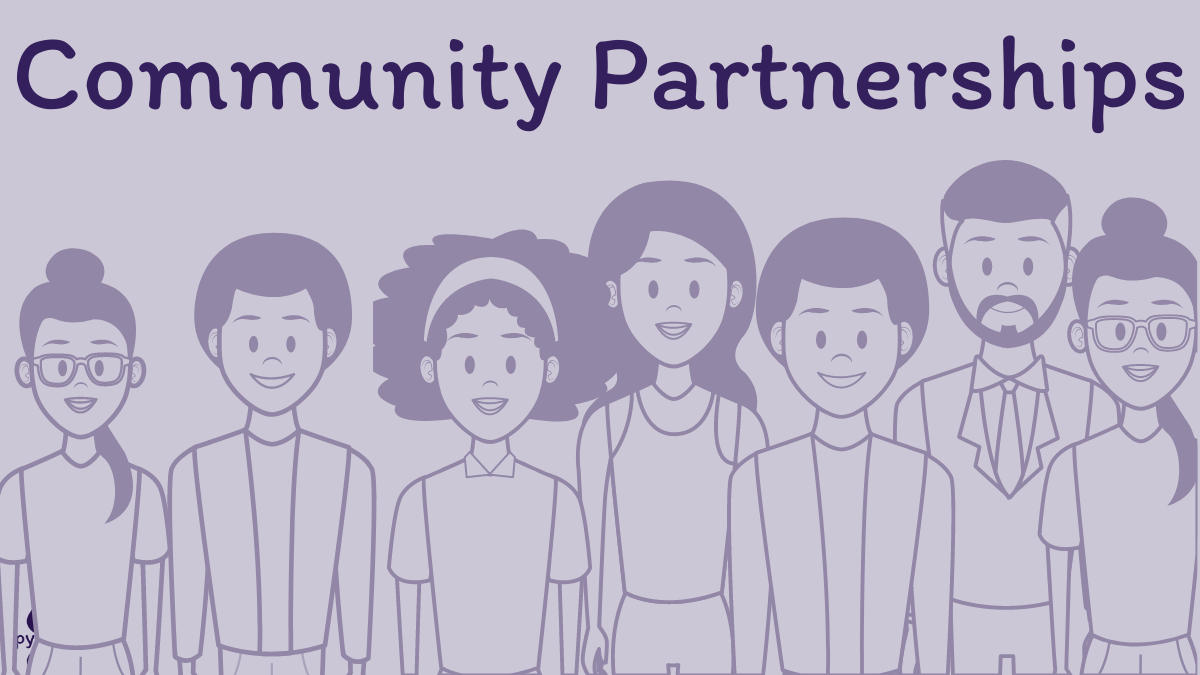 Light purple image with a bunch from different backgrounds of stick figure people in a slightly darker color. The text on the image at the top says Community Partnerships