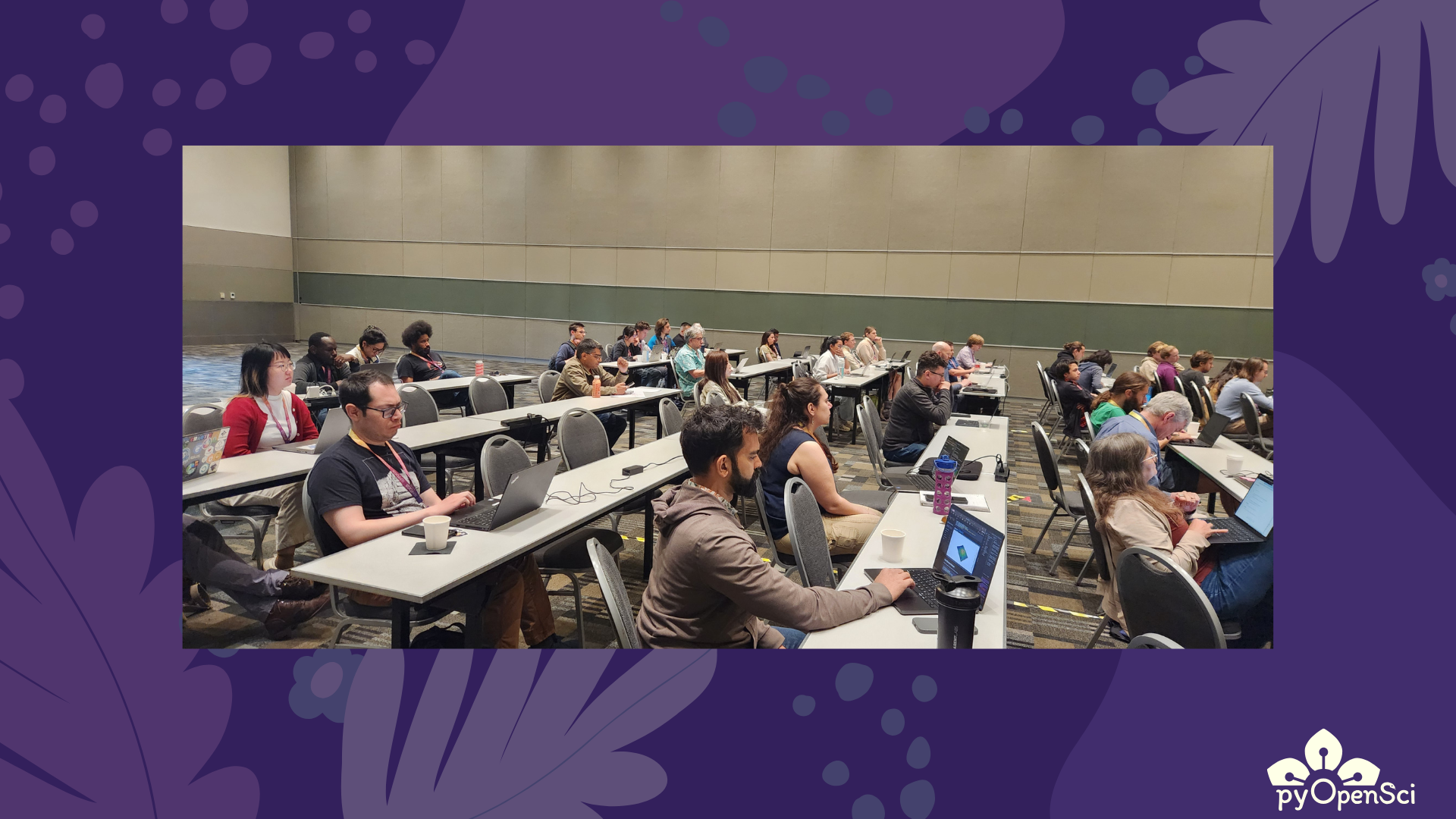 A room full of attendees at the pyOpenSci packaging workshop during SciPy 2025, all seated and coding on laptops.