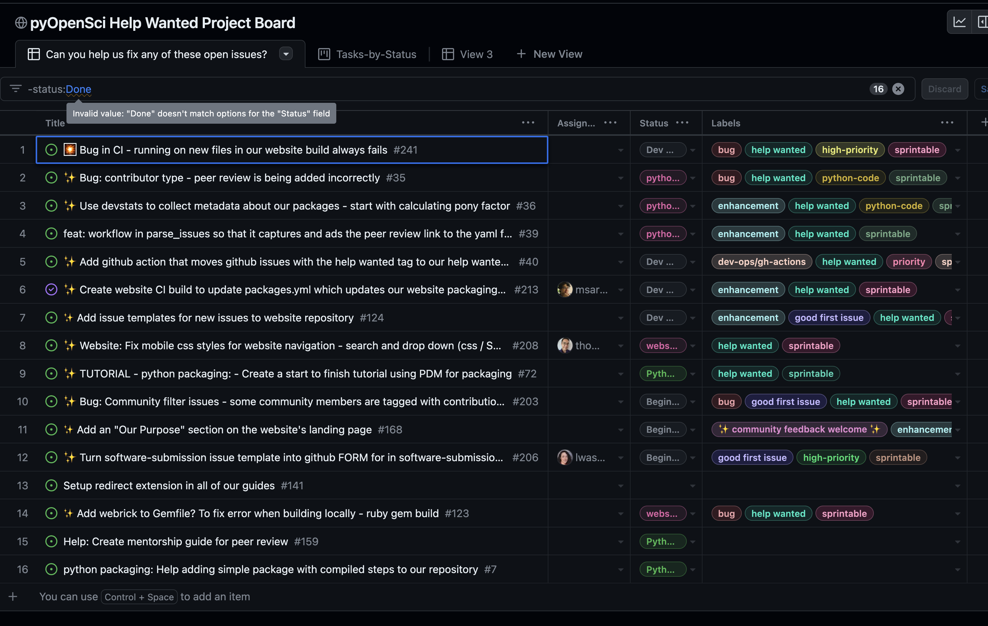An image with a black background showing all of the issues that we could use help with at pyOpenSci. The caption for this image contains a link to the board which will allow you to hear and read through each issue listed on the board.