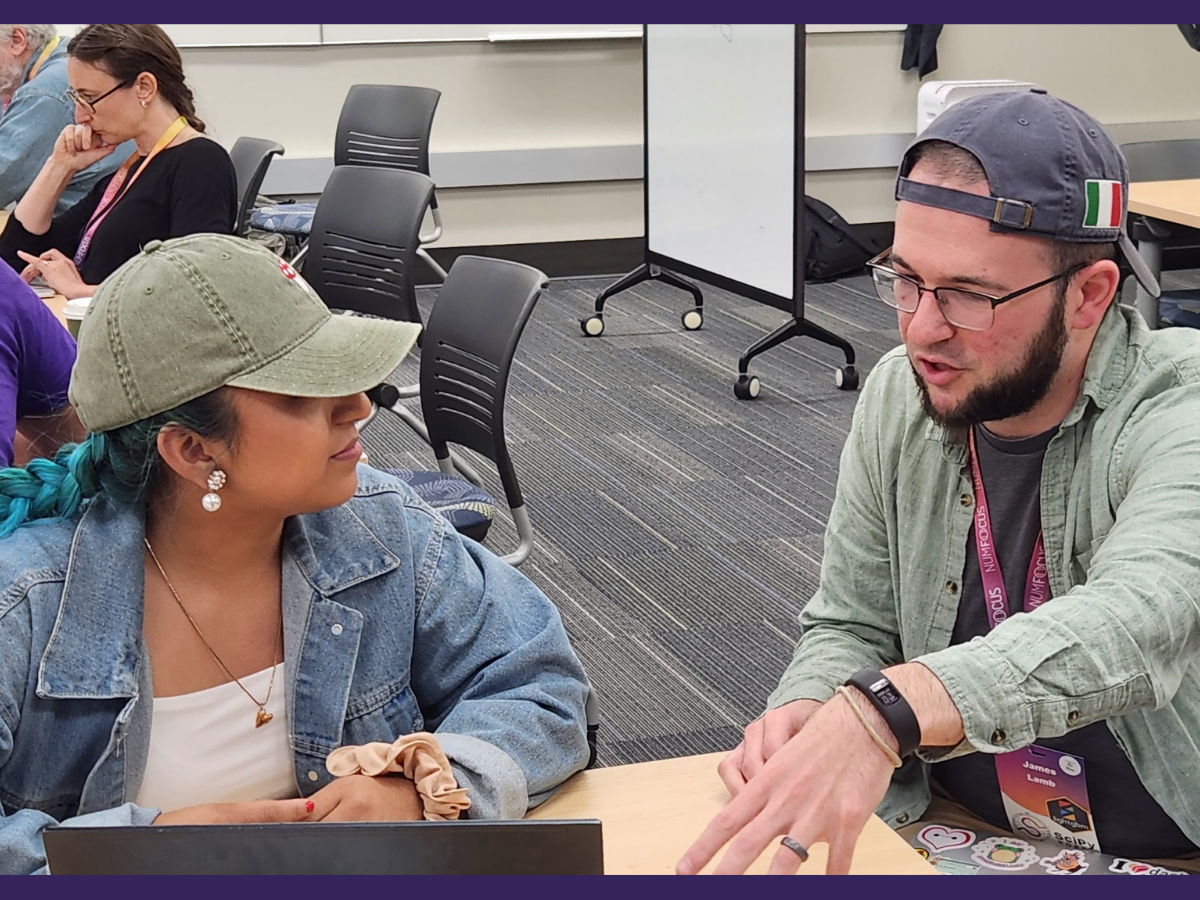 Three people collaborating during a pyOpenSci sprint.
