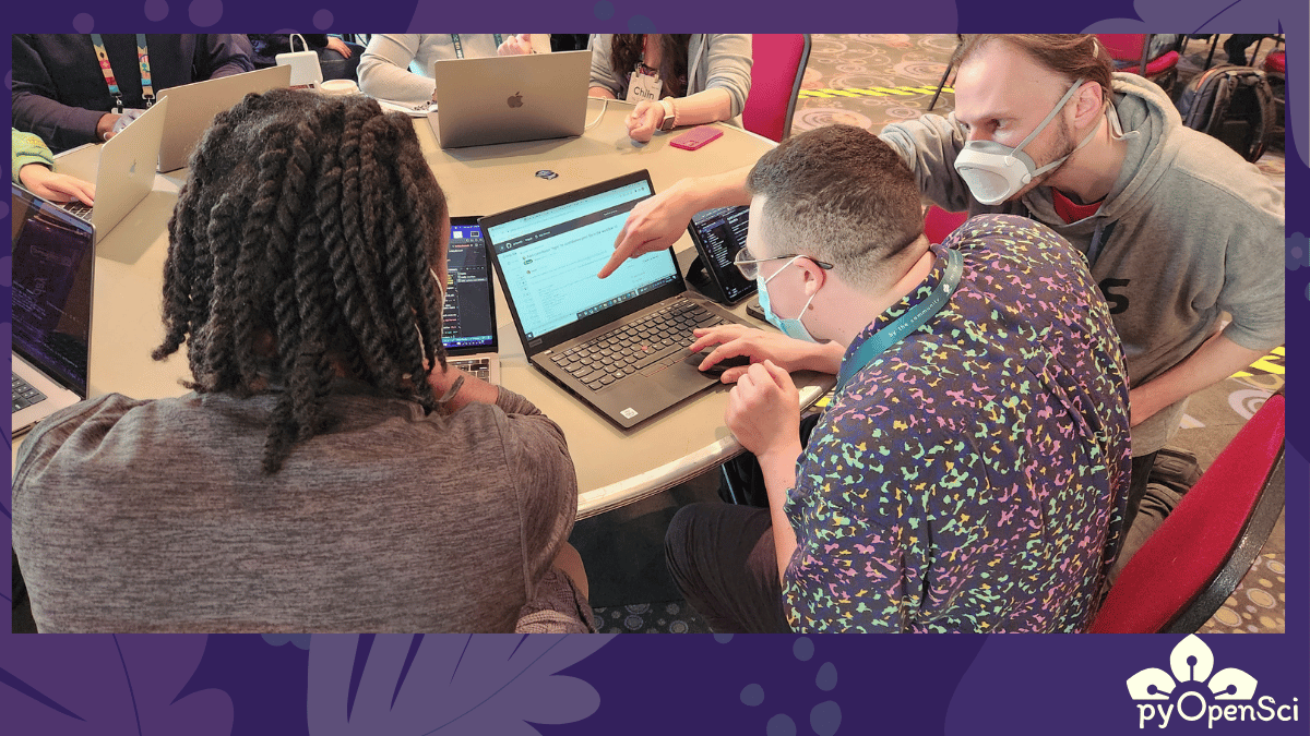 Three people collaborating during a pyOpenSci sprint.