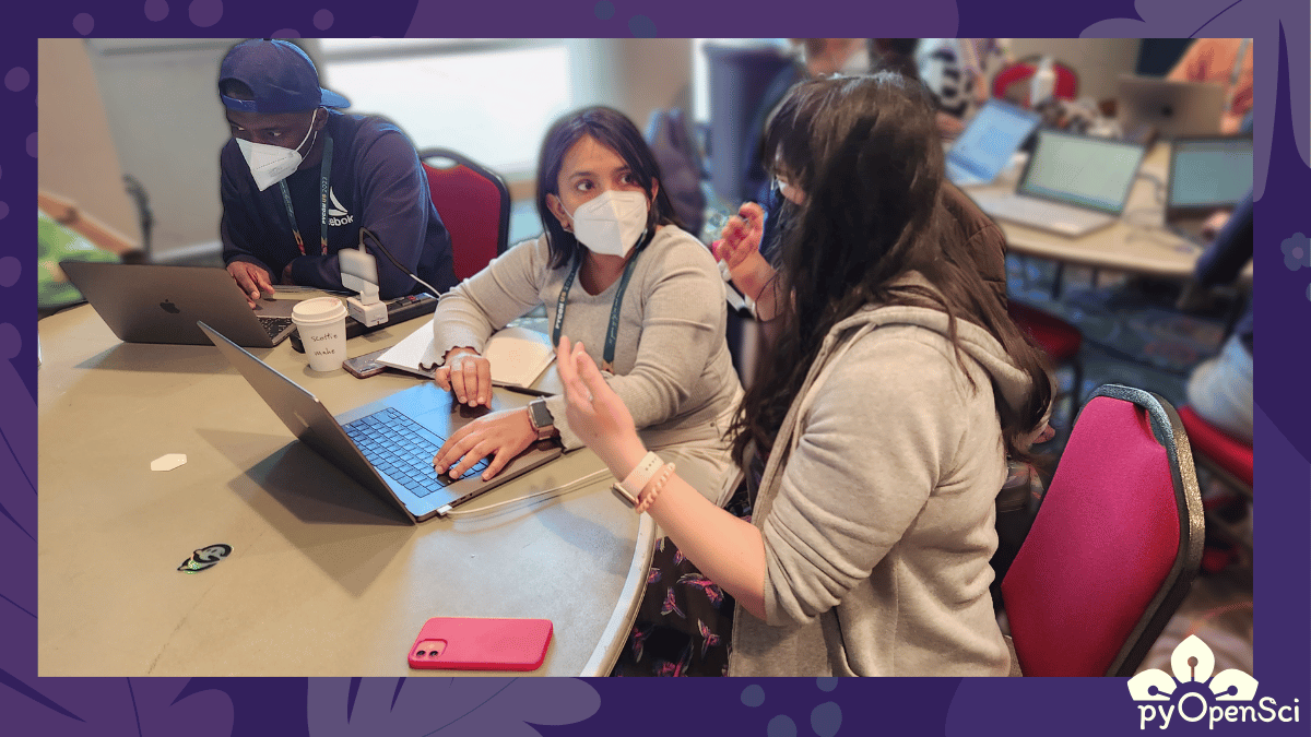Three people collaborating during a pyOpenSci sprint.