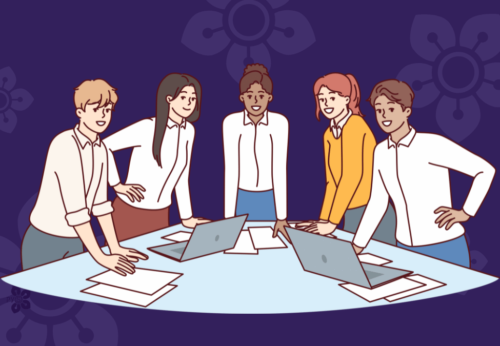 A pencil sketch of a round table with people sitting around it from different backgrounds working on laptops and also writing together.