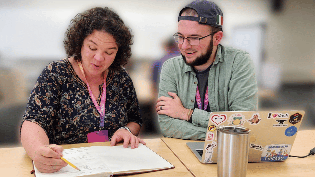 Light purple image that says software Peer Review. On the image is a woman at a laptop with a pyOpenSci logo on it and a cup of coffee next to her. There is a very light flower in the bottom right hand corner. 