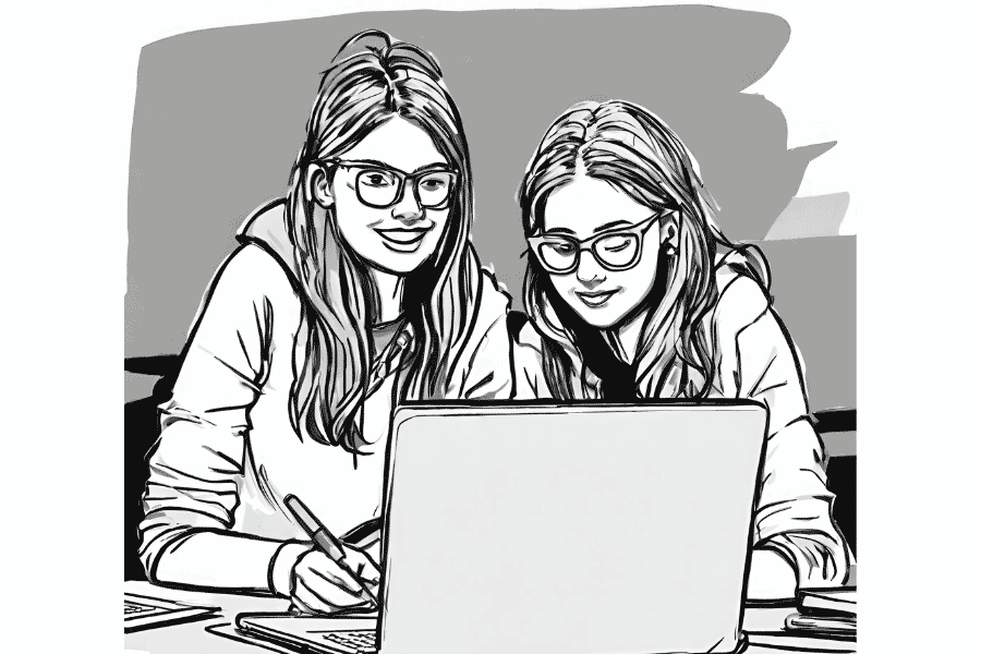 A pencil sketch of a round table with people sitting around it from different backgrounds working on laptops and also writing together.
