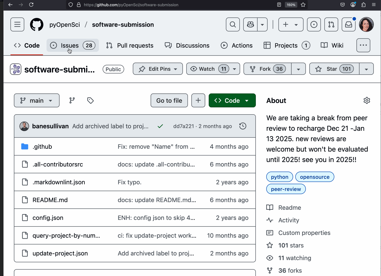 Animated gif showing how to find the GitHub issue submission process for peer review.