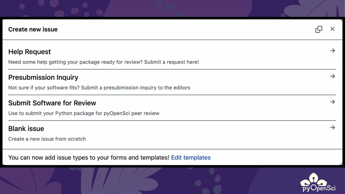 Screenshot of the pyOpenSci issue selection screen on GitHub, with three options: Help Request, Presubmission Inquiry, and Submit Software for Review.