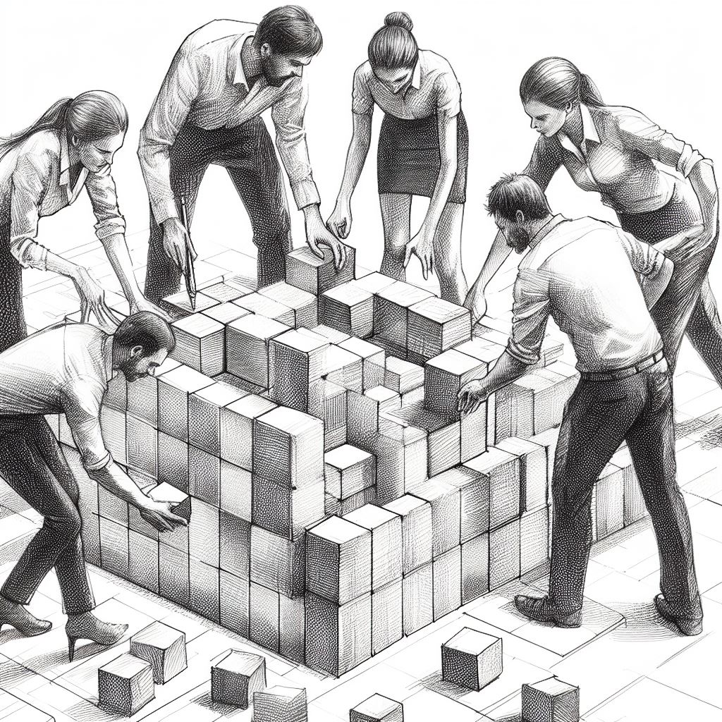 A group of people working on a tetris like set of building blocks trying to stack them all together. 