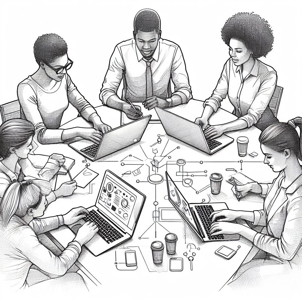 A pencil sketch of a round table with people sitting around it from different backgrounds working on laptops and also writing together.