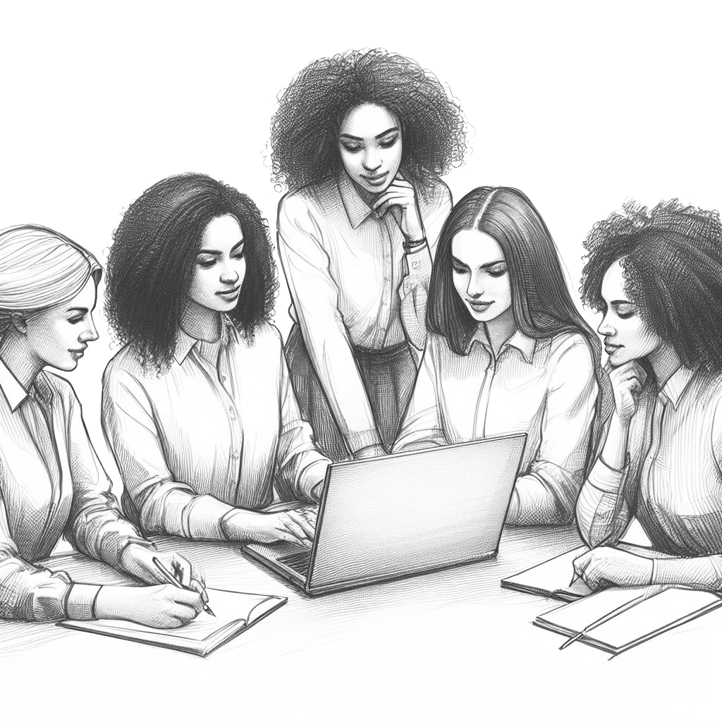 A black and white pencil sketch of a group of 5 women sitting and standing around a laptop working together.