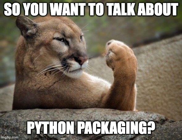 A meme showing a mountain lion with it's little paw up like an italian mobster. the meme text says - so you want to talk about python packaging..