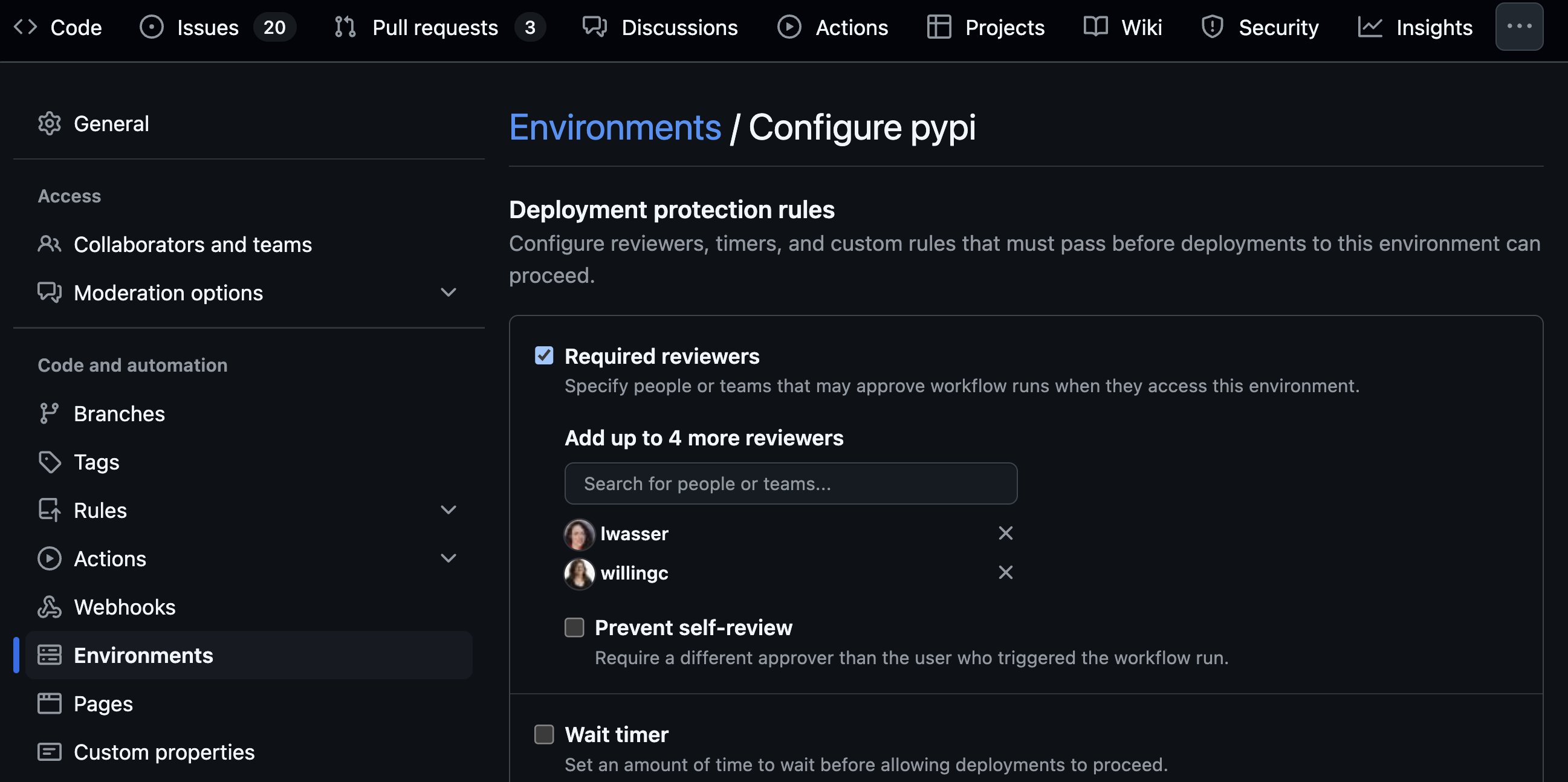 Screenshot of the GitHub settings interface showing the ‘Environments’ section with configuration options for ‘pypi.’ The ‘Deployment protection rules’ section is visible, with ‘Required reviewers’ enabled and two reviewers listed: ‘lwasser’ and ‘willingc.’ Other options such as ‘Prevent self-review’ and ‘Wait timer’ are present but not enabled.