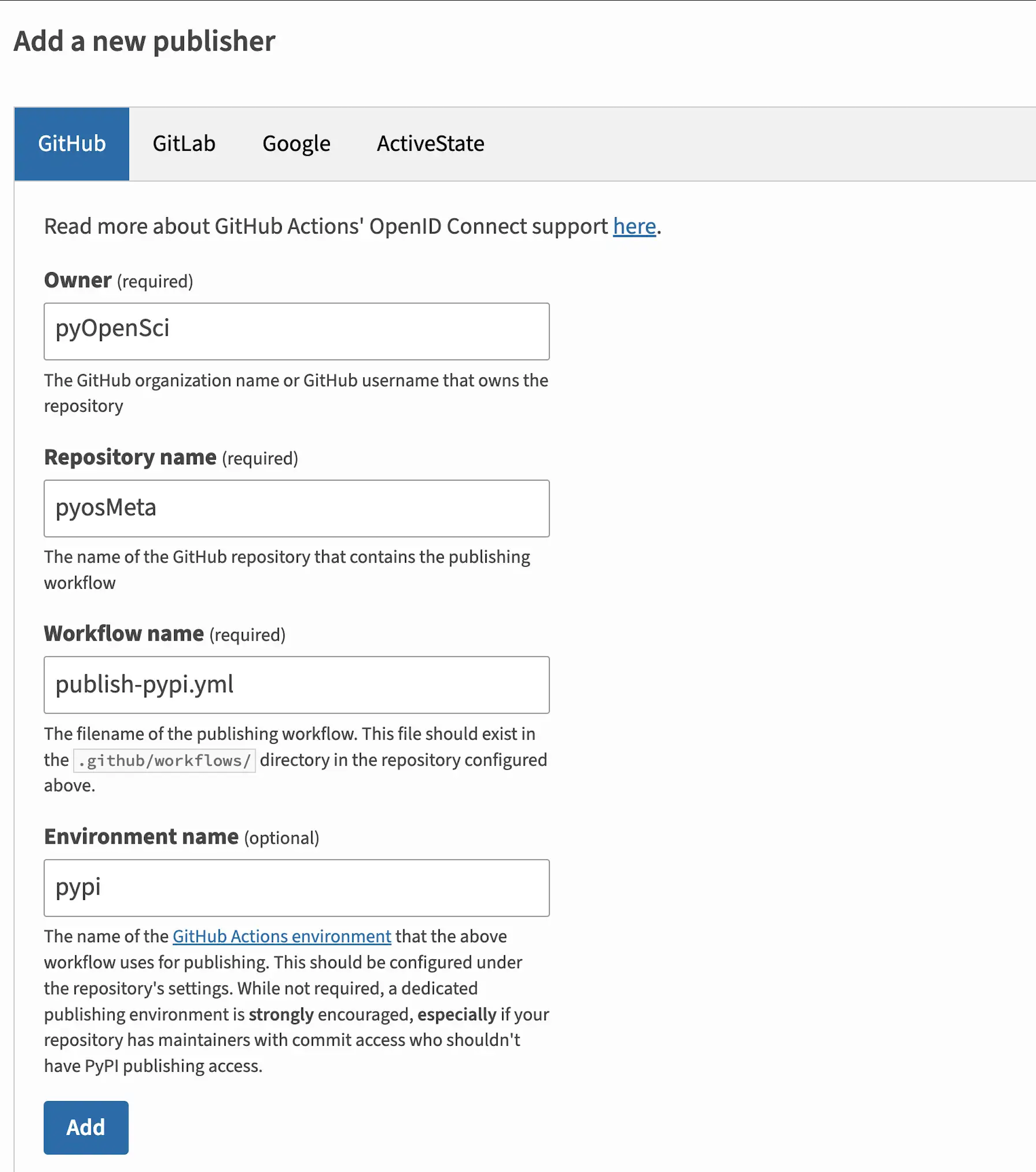 PyPI Trusted Publisher form example showing settings for linking a GitHub repository with PyPI for secure publishing.