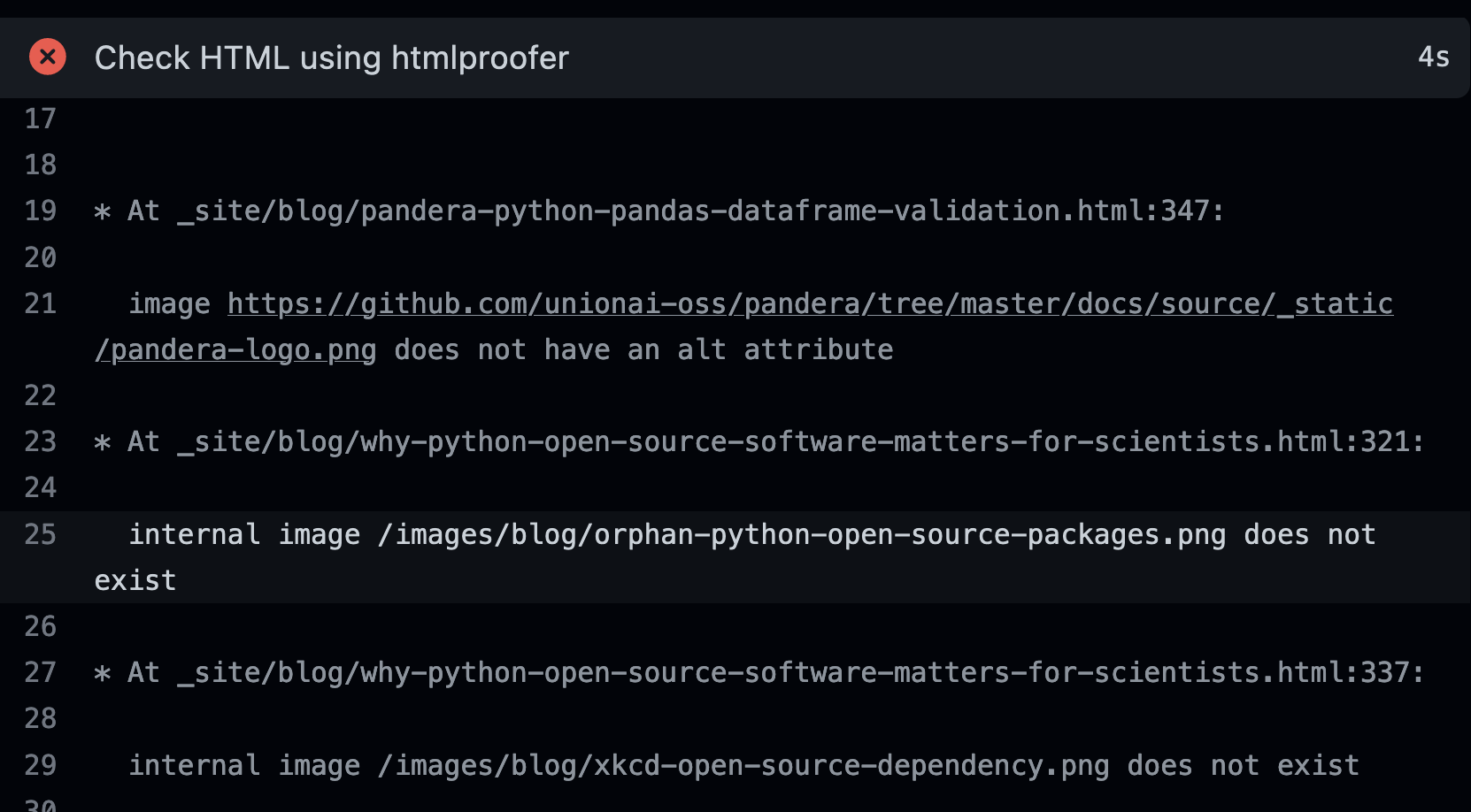 Image showing the output of htmlproofer for a website. You can see that it tells you when and where there are broken links or missing alt tags.