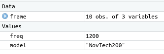 Data: frame (10 obs. of 3 variables), Values: (freq (1200), model ("NovTech200"))