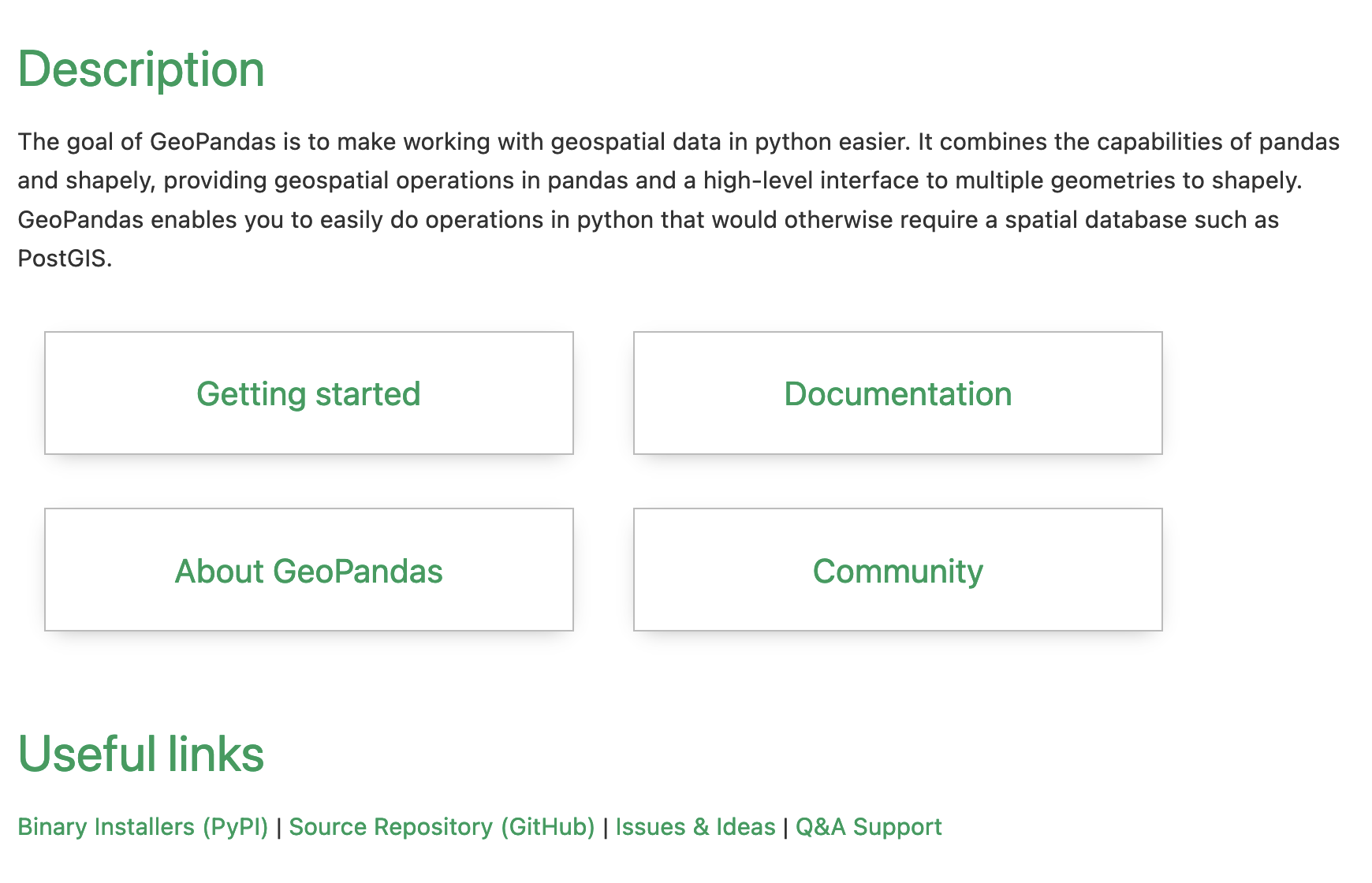 Image showing the landing page for GeoPandas documentation which has 4 sections including Getting started, Documentation, About GeoPandas, Community.