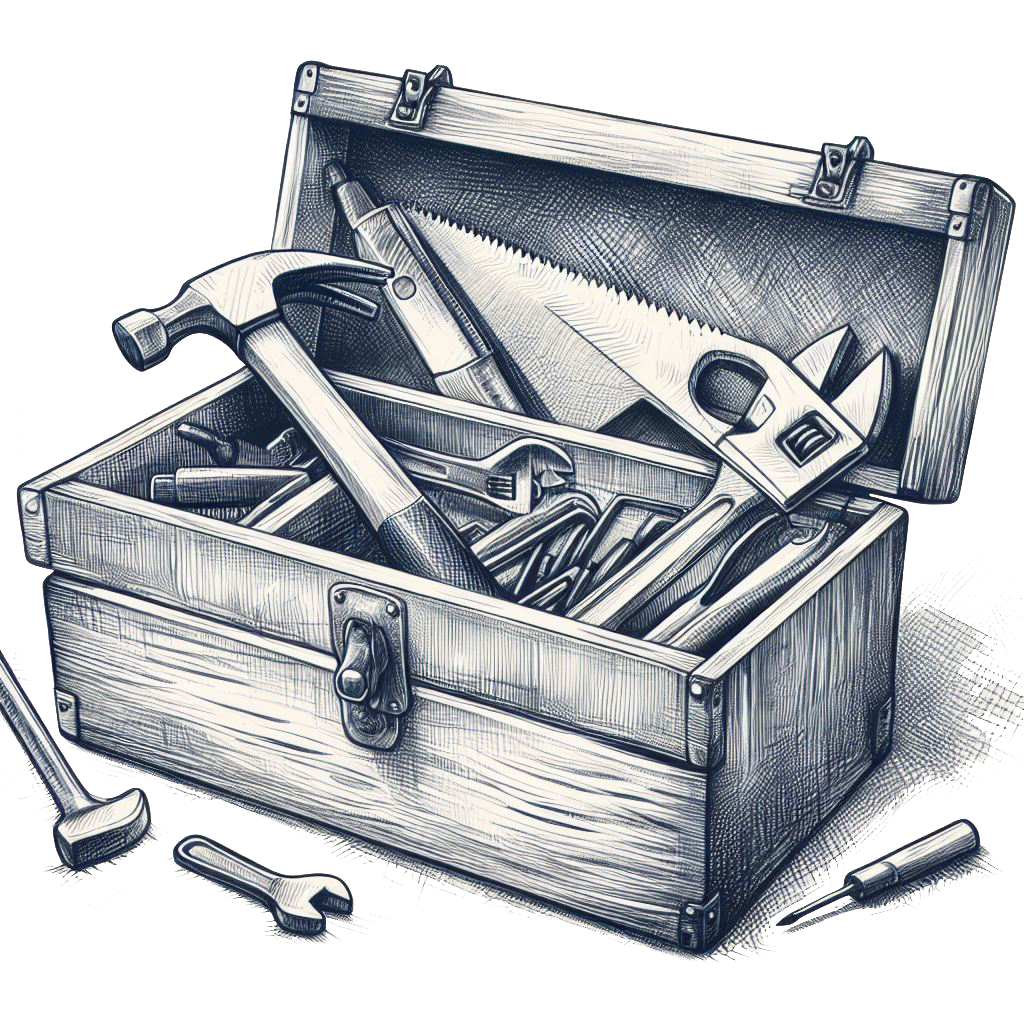 Diagram showing a sketch of a toolbox filled with different tools including a hammer and a saw.