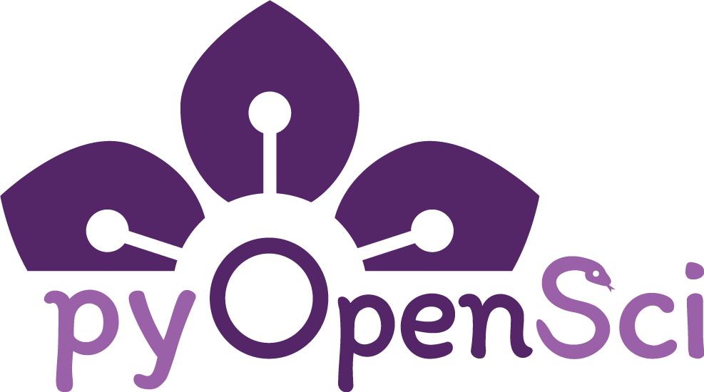 pyOpenSci Python Package Guide. The pyOpenSci logo is a purple flower with pyOpenSci under it. The o in open sci is the center of the flower