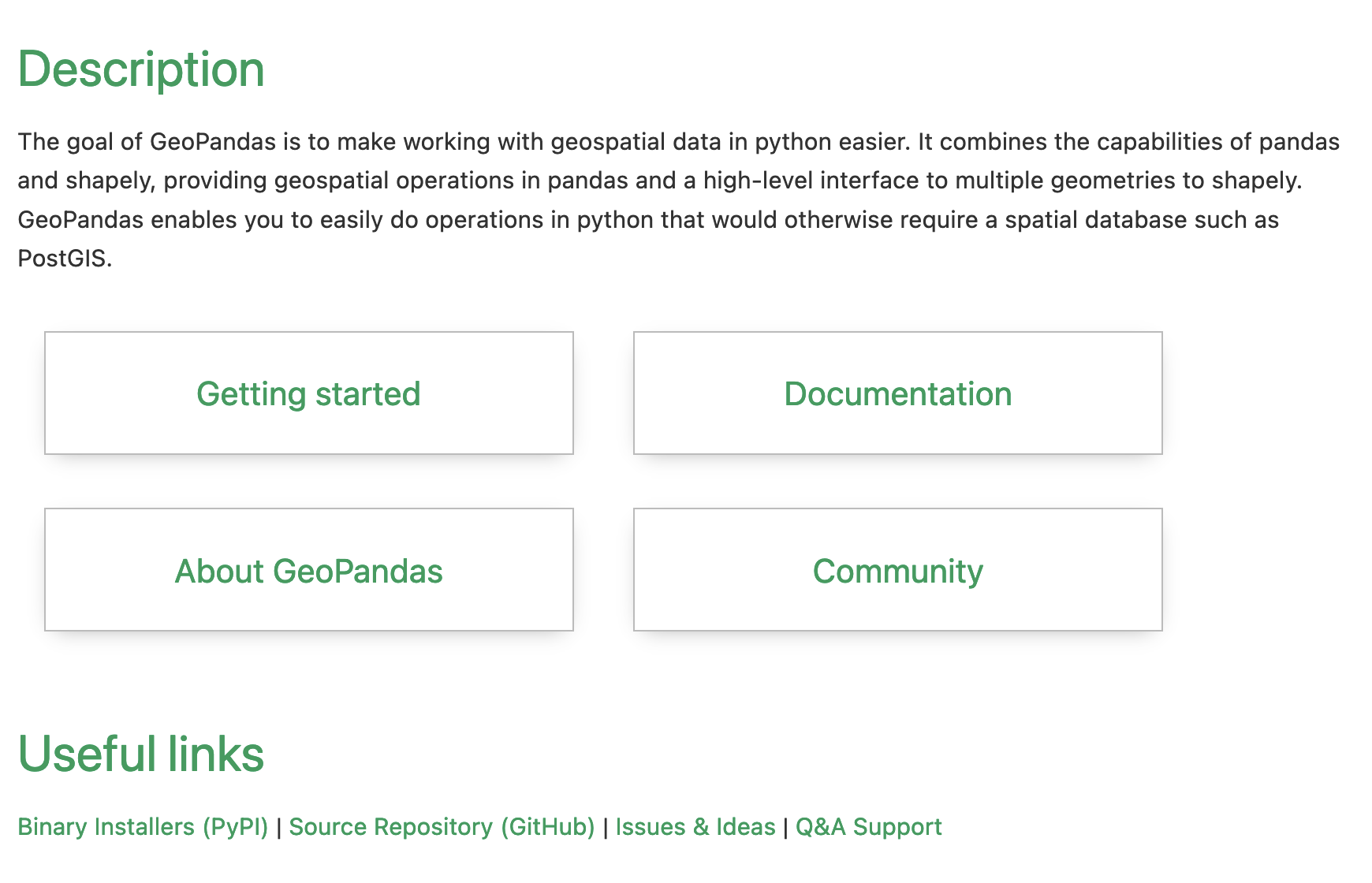 画像は GeoPandas ドキュメントのランディングページで、Getting started、Documentation、About GeoPandas、Community の 4 つのセクションがあります。