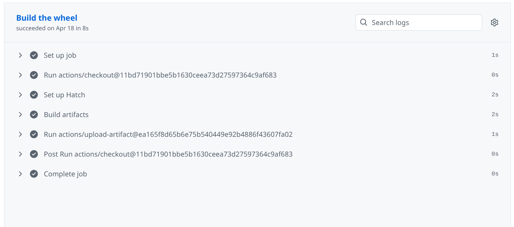 Graphic showing an example of a release workflow that has just finished running. Each step in the log is matched to one step in the workflow definition.