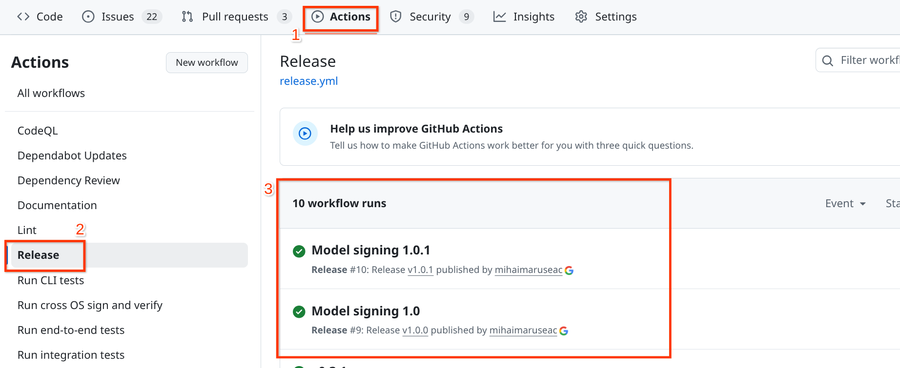 Graphic showing an example of a configured workflow for the release. On the top, in the red box labeled "1" you see the "Actions" tab of the GitHub repository. On the left, in the red box labeled "2" you can see the name of the workflow, as configured in this step. Finally, in the center, in the red box labeled "3" you can see several runs of the workflow, for the "1.0" and "1.0.1" releases of the package.