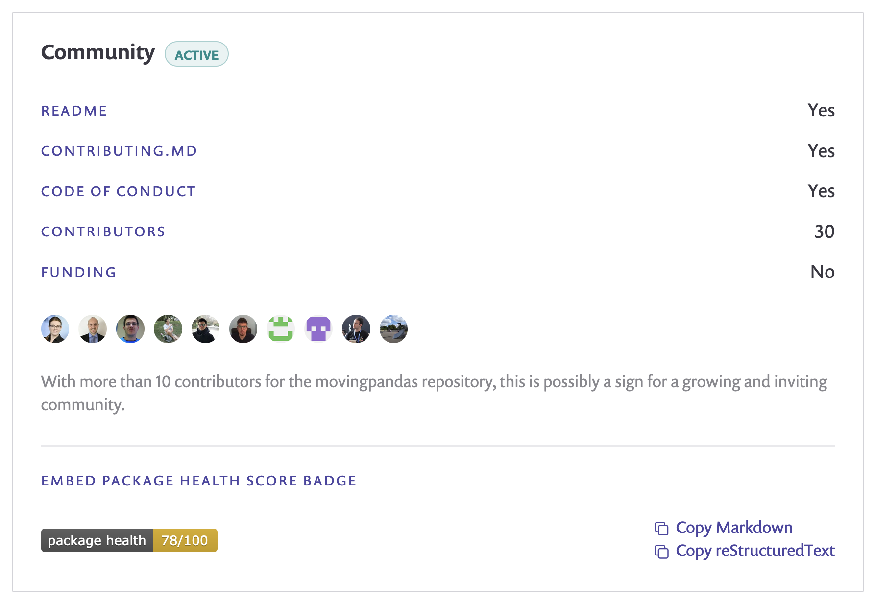 movingpandasのSnykページのスクリーンショットです。 このリポジトリには、READMEファイル、貢献ファイル、行動規範があることがわかります。 また、30人の貢献者がいて、資金提供はないことがわかります。 パッケージのヘルススコアは78/100です。