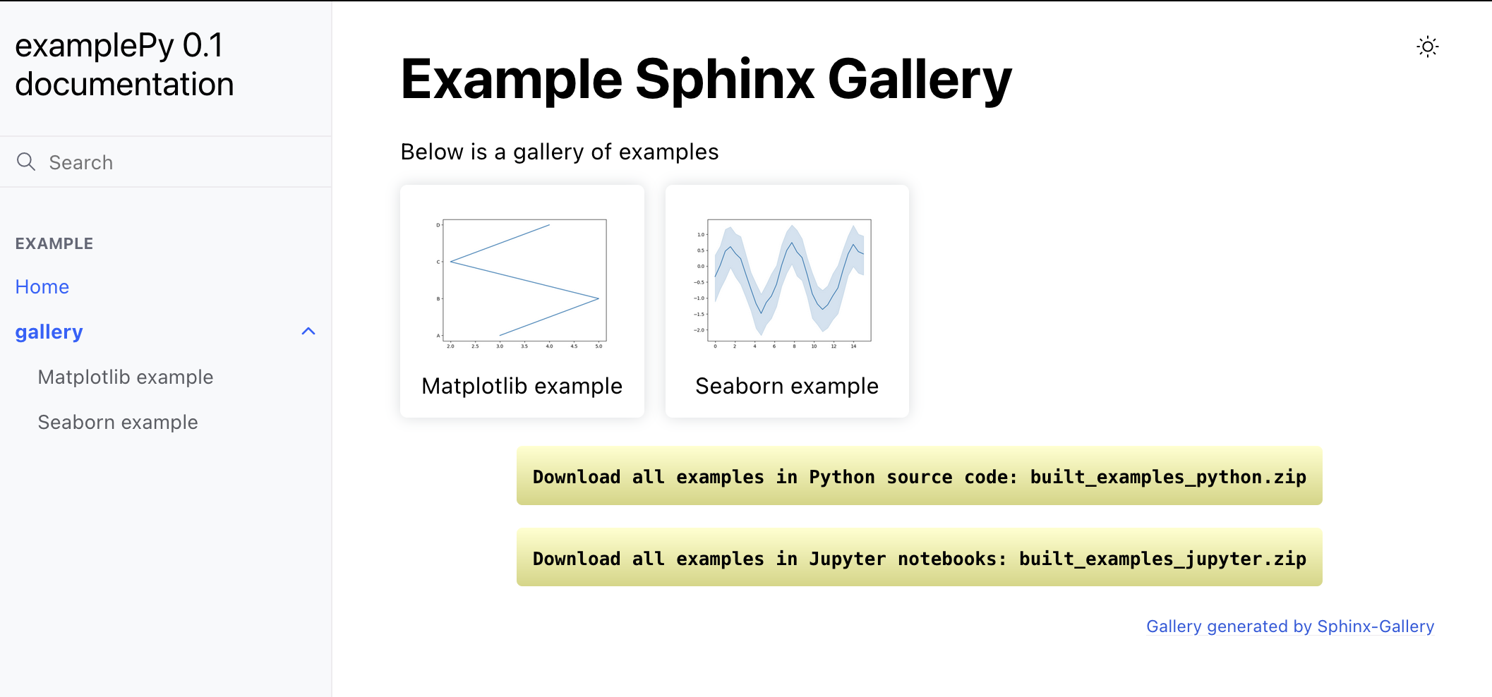 画像はsphinx-galleryによって提供されるギャラリーの出力を示しており、各チュートリアルはグリッド内にあり、チュートリアルのサムネイルはチュートリアルのグラフィックから作成されます。