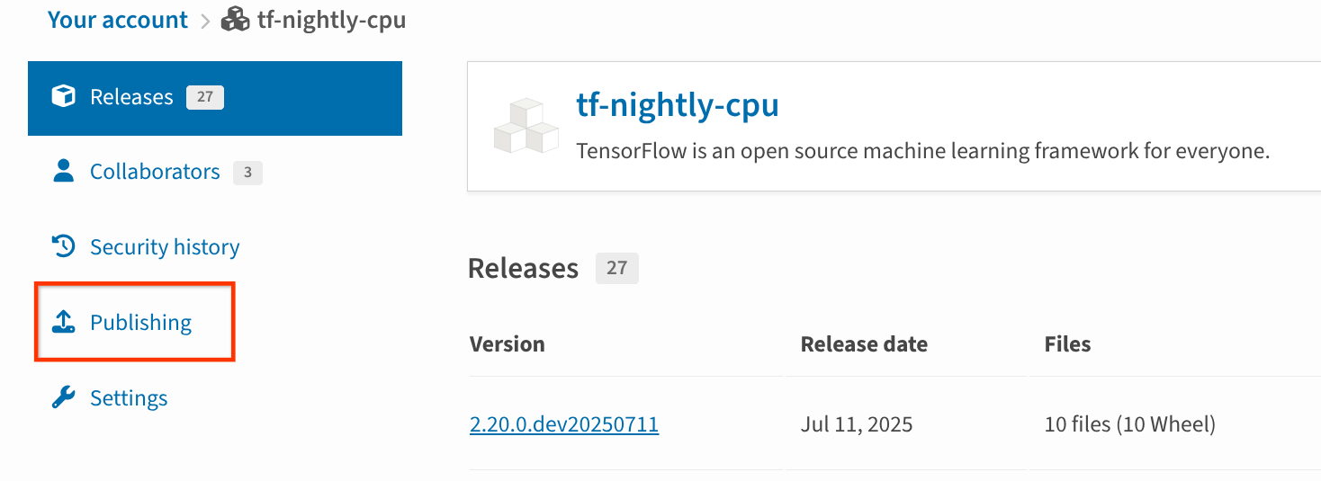 Graphic showing the management page for one project. The "Publishing" link in the sidebar is highlighted.