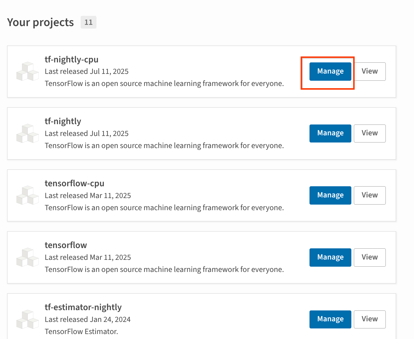 Graphic showing a screenshot of the "Your projects" page on PyPI. The "Manage" button for one of the projects is highlighted.