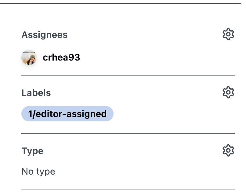 Screenshot showing the right-hand side of a GitHub issue with the editor assigned to the issue.