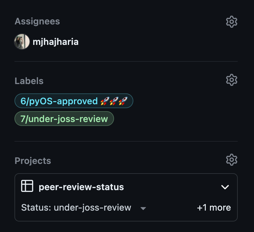 Image that shows an accepted review. The editor is the assignee. The labels on the review say 6/pyos-approved with 3 rocket emojis next to it. below is 7/under-joss review which is a green label.