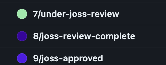 Image that shows the three options for joss labels. 7/under-joss-review, 8-joss-review-complete and 9/joss-approved.
