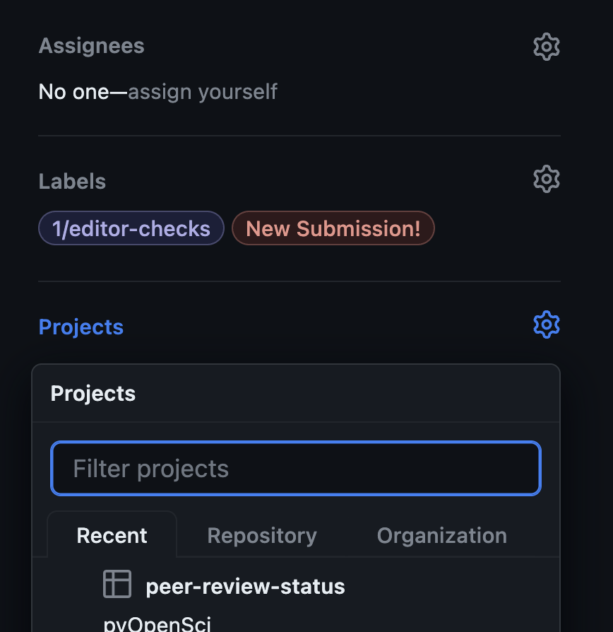 Image that shows the empty assignees section for a new review. Also there are 2 labels 1/editor checks and new submission. Finally there is a project board available however the status is not yet set.