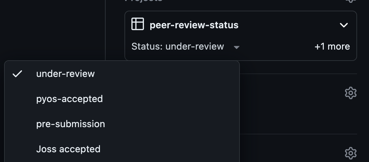 Image showing the project board in a review. the project board says peer-review-status. It also shows the drop down options which include under-review which is checked, pyos-accepted, pre-submission and joss accepted.